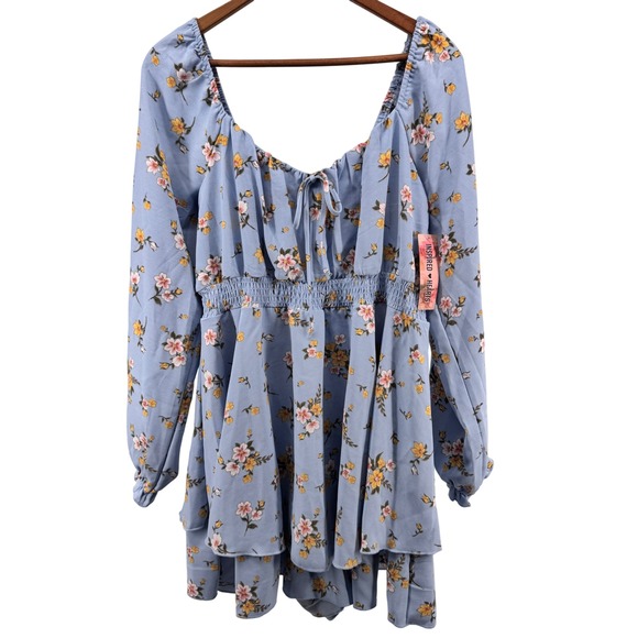 Inspired Hearts Dresses & Skirts - Inspired Hearts Blue Floral Long Sleeve Romper Dress Smocked Tie Women's Size L
